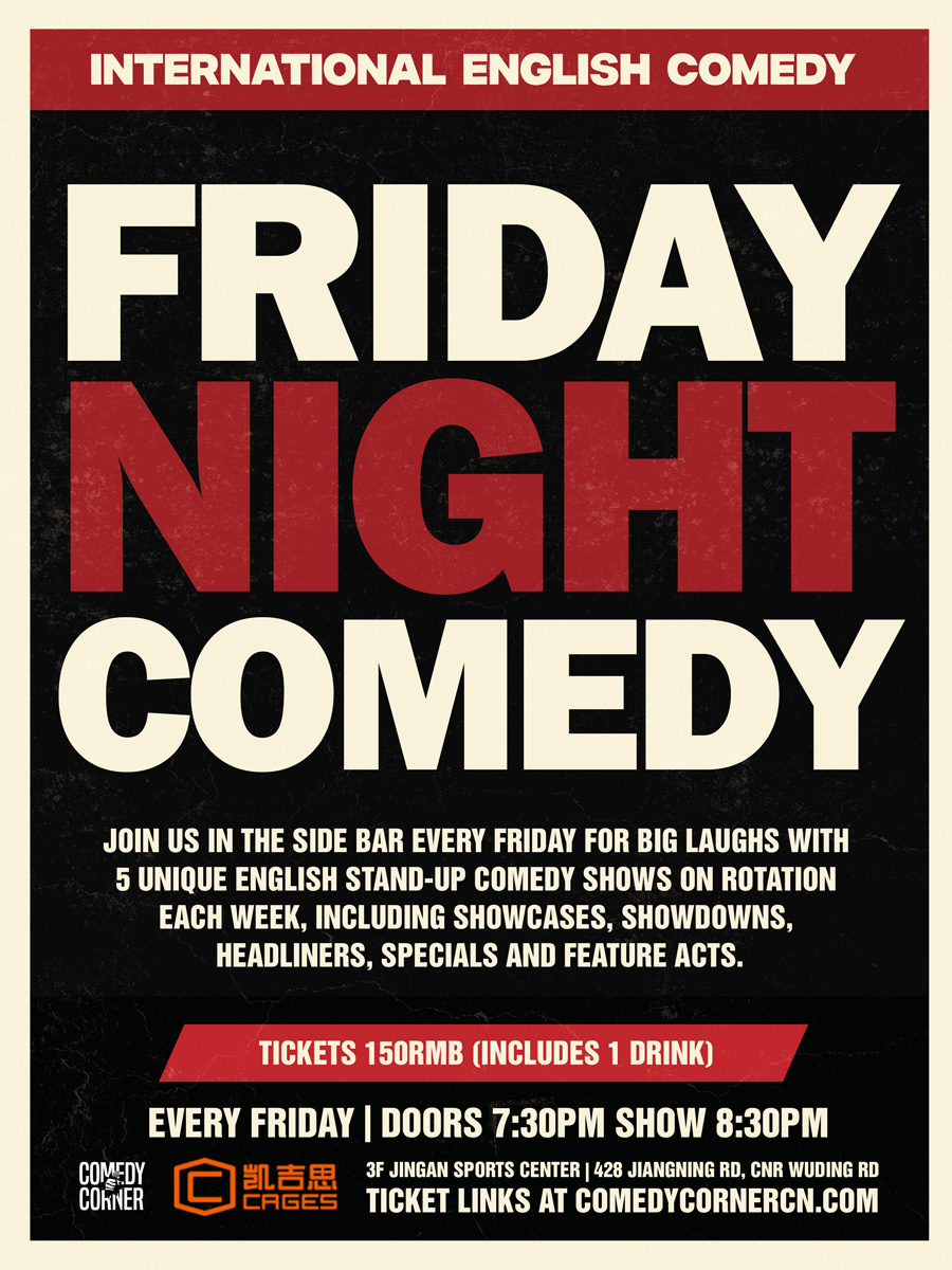 Comedy show poster for this Friday featuring the lineup of performers