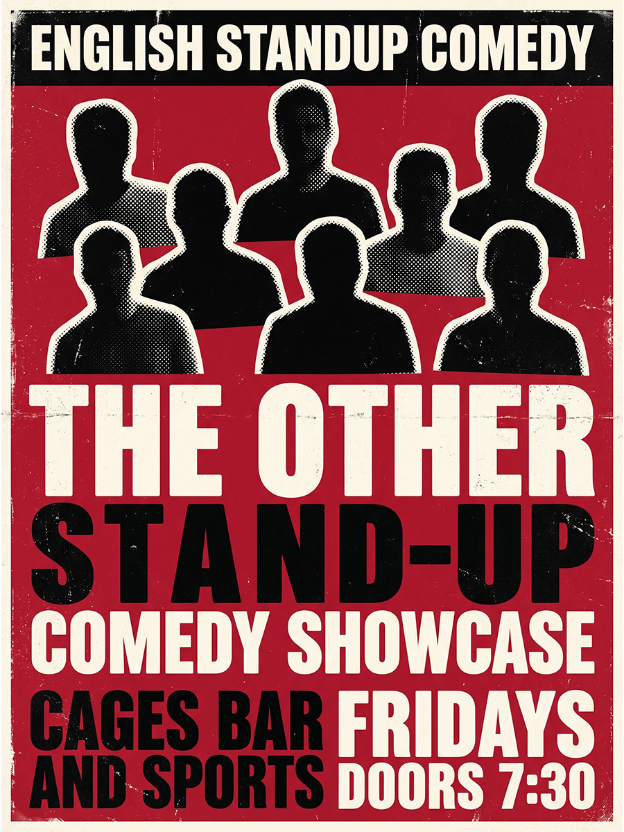 Comedy show poster for an upcoming Friday featuring local favorites