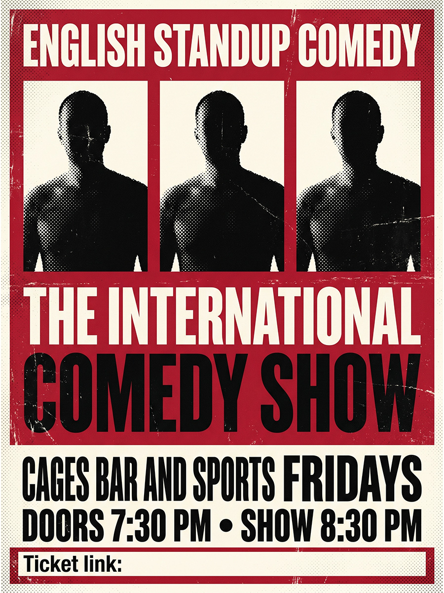 Comedy show poster for an upcoming Friday with an open mic showcase